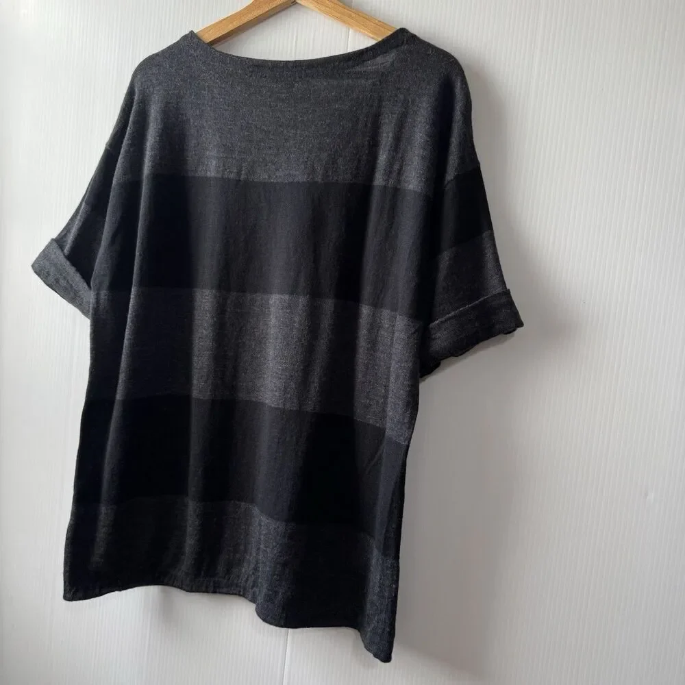 EILEEN FISHER 100% Merino Wool Italian Yarn Black Gray Sz L Sweater Top